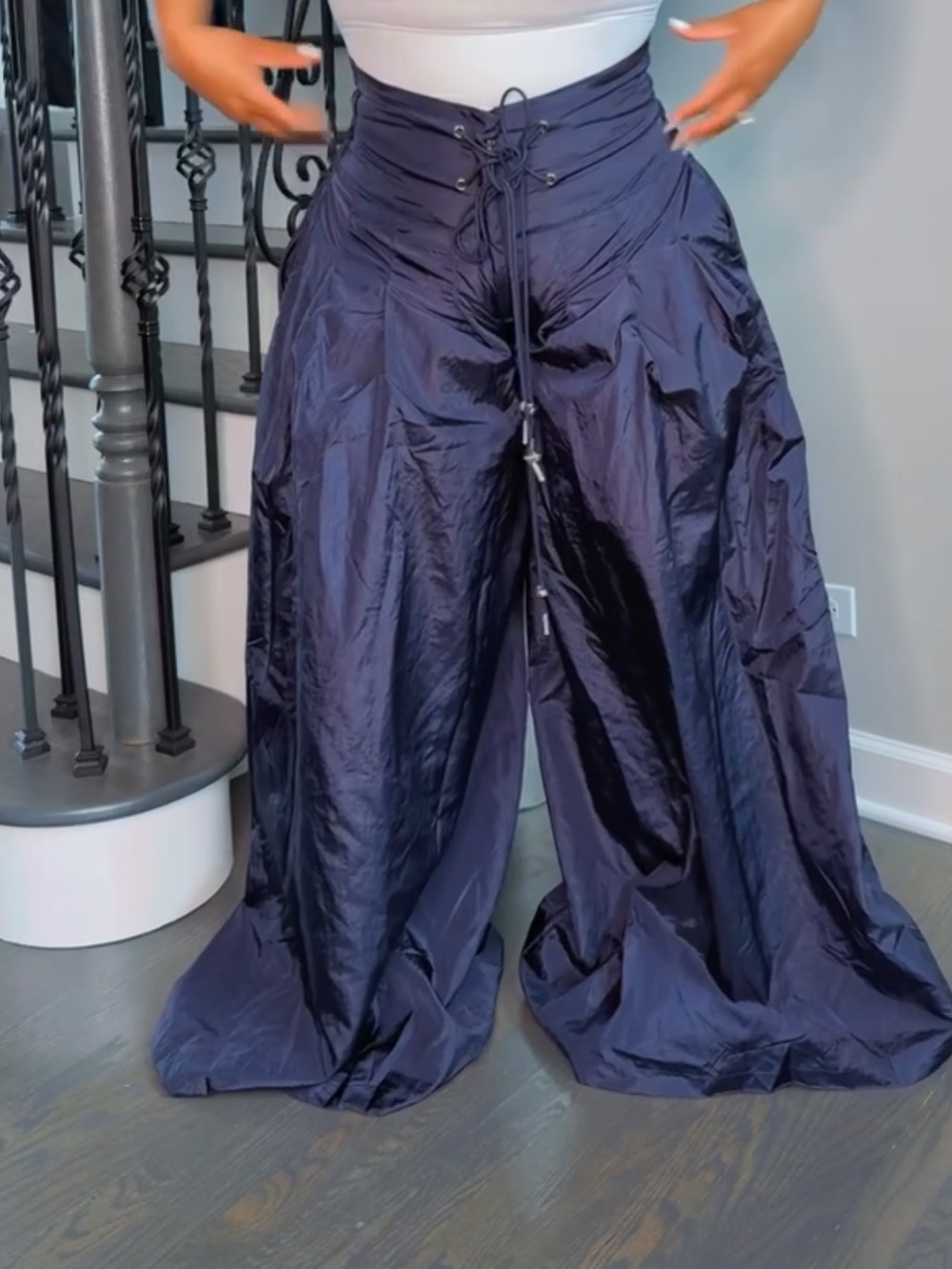 AKIRA Midnight Navy Satin Lace-Up Wide Leg Pants